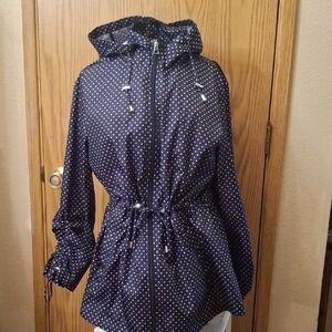 Jones New York Dark Blue Polka Dot Utility Jacket With Hood.